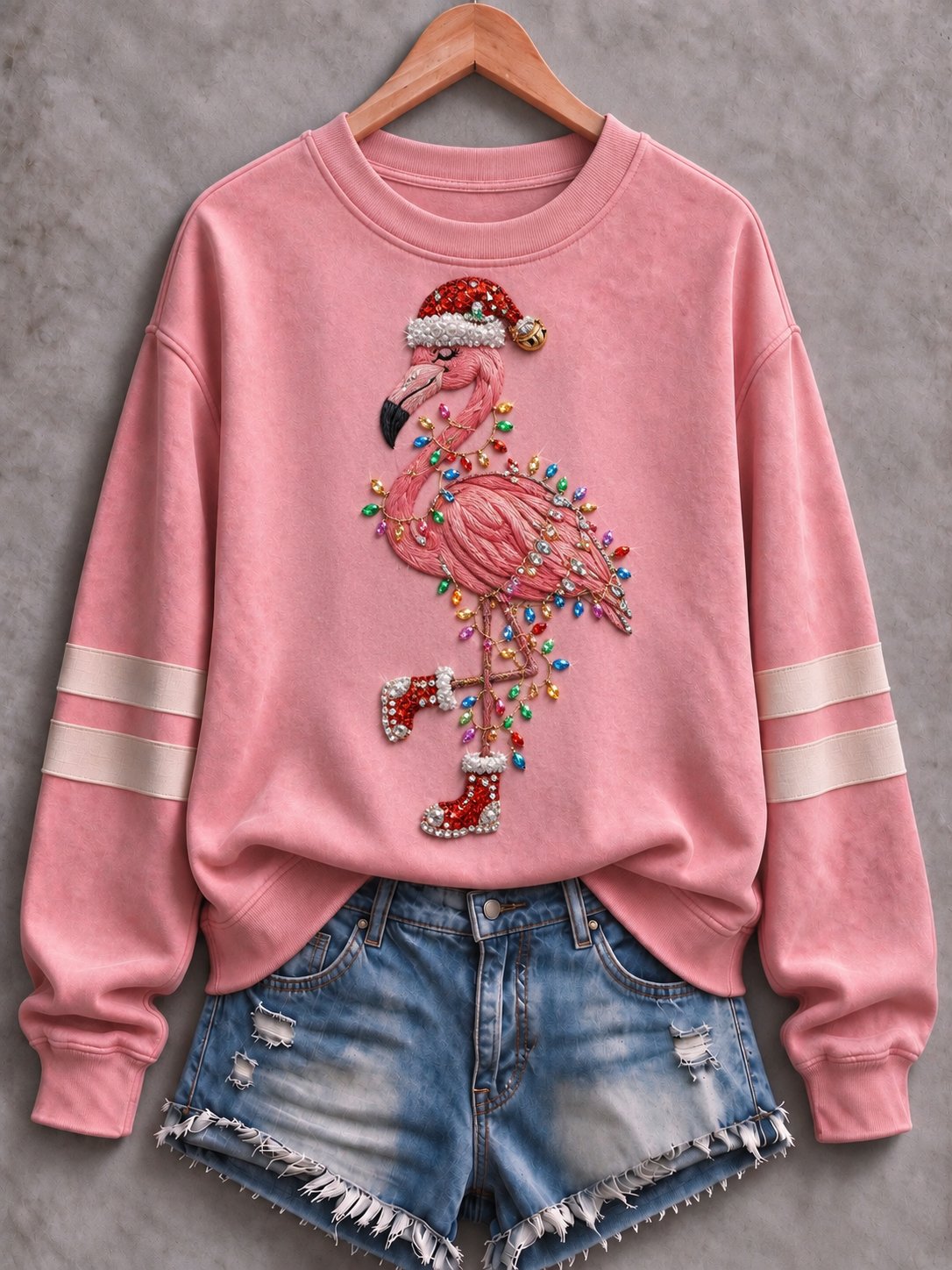 Women's Christmas Pink Flamingo Print Fleece-Lined Crewneck Sweatshirt