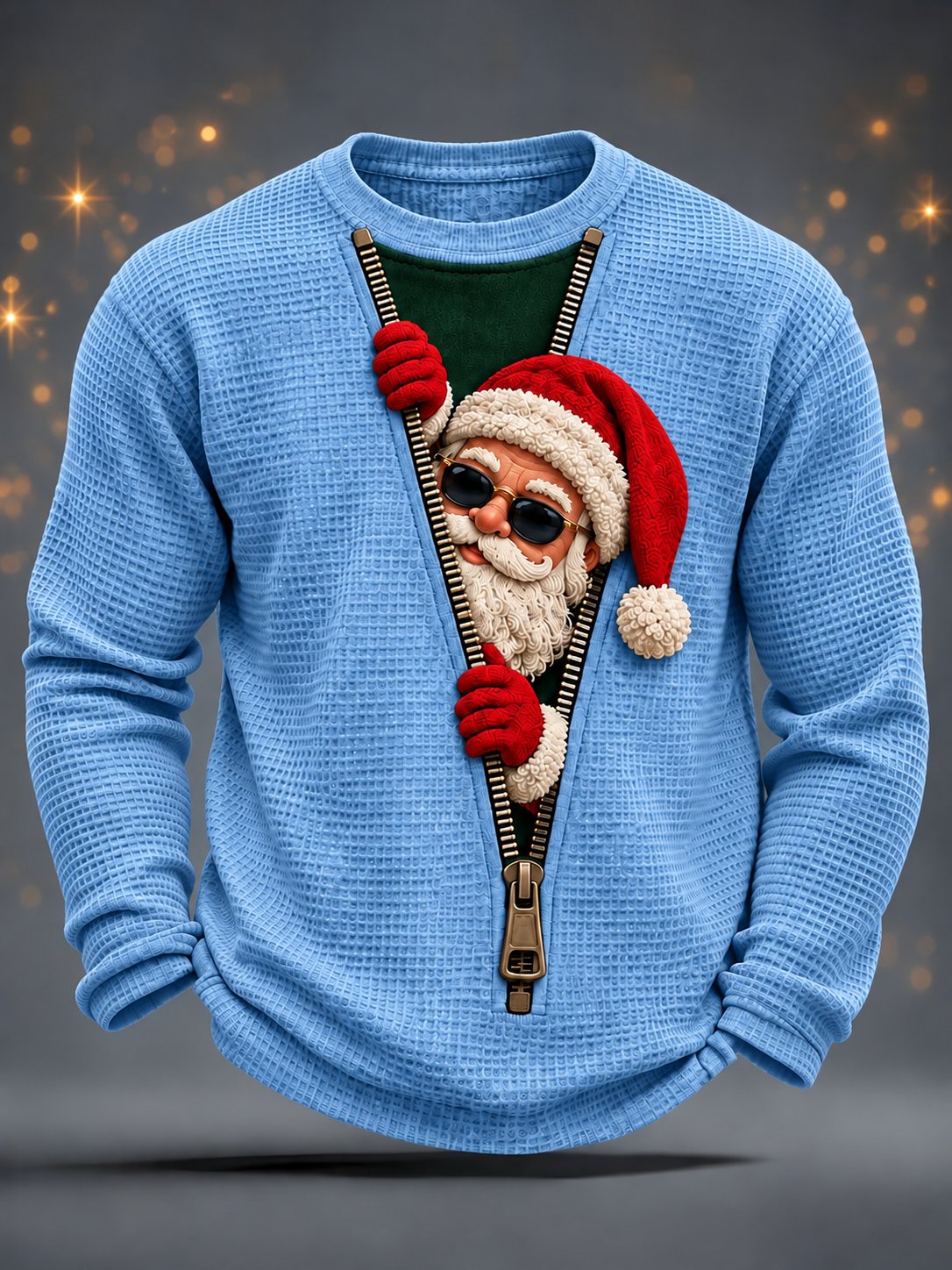 Herren-Weihnachts-Waffel-Langarmshirt mit Weihnachtsmannmotiv