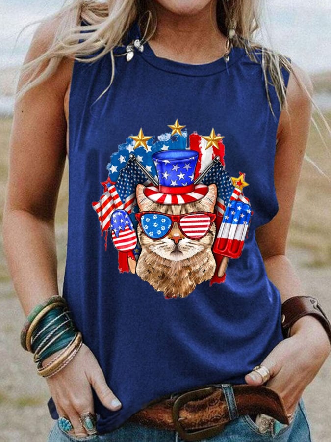 Women's Independence Day Cat Patriotic American Flag Printed Casual Tank Top