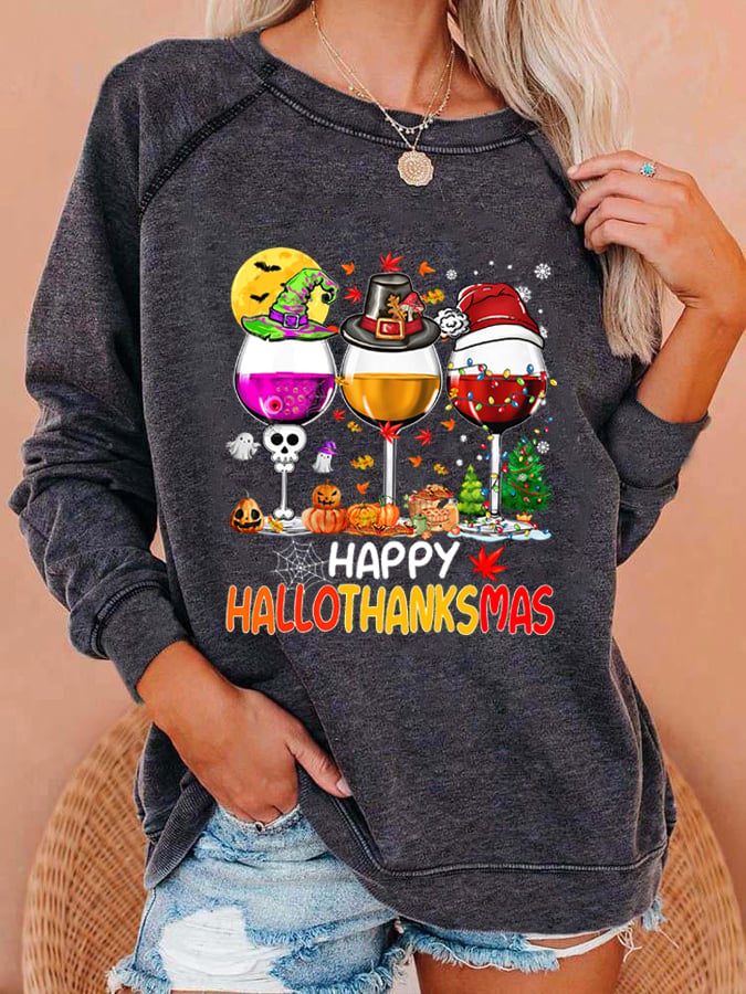 Women's Happy Hallothanksmas Wine Print Sweatshirt