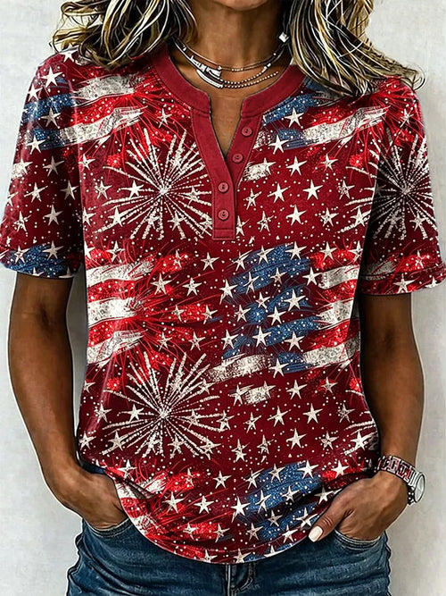 Female Leisure Patriotic Fireworks Flag Button T-Shirt