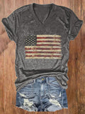 Women's Vintage Flag Print Casual V Neck T-shirt