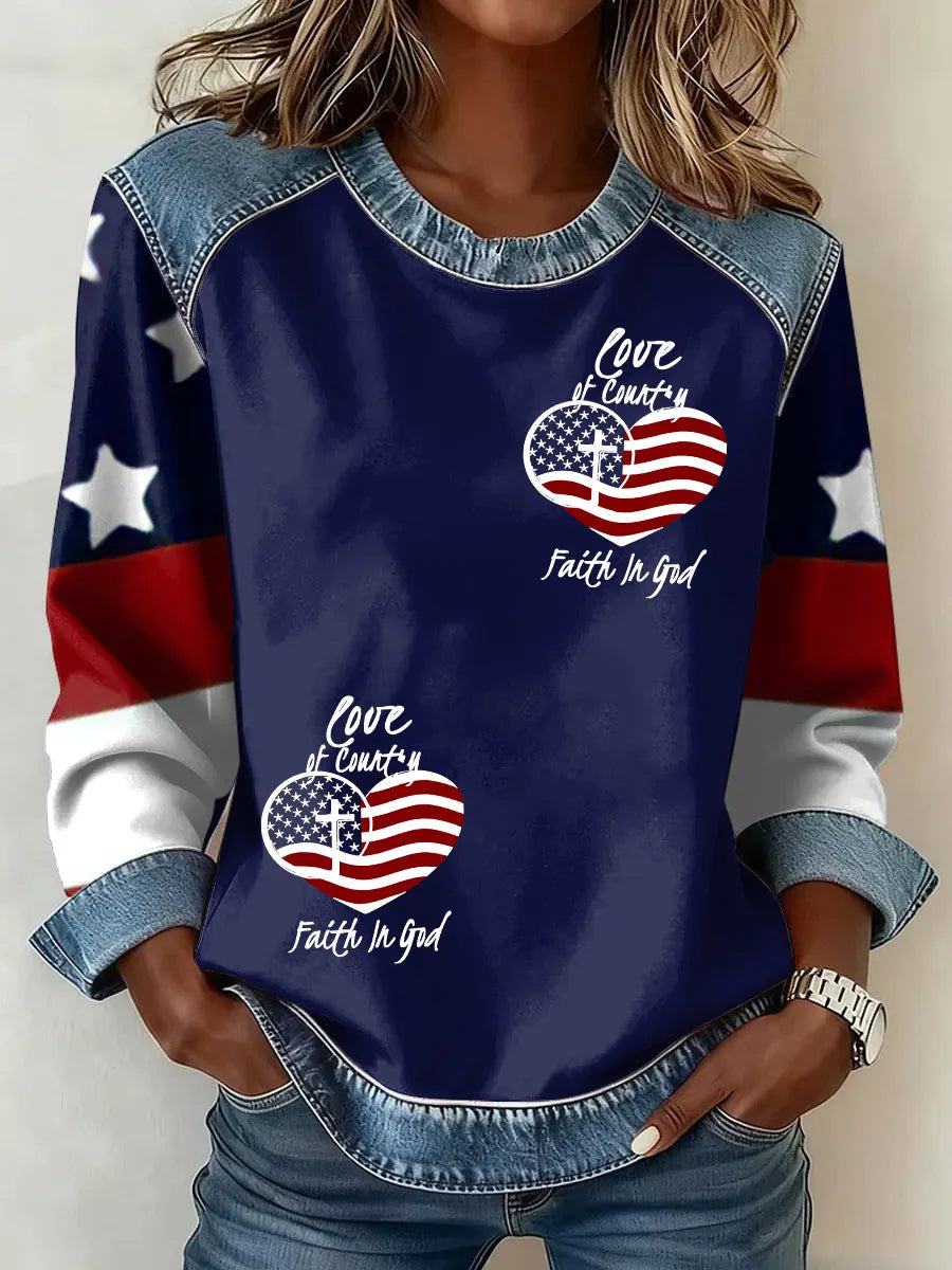 Love Of Country Faith In God Print Patchwork Sweatshirt