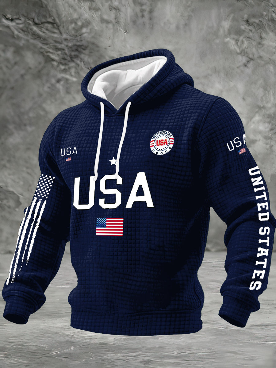Men's Waffle American Flag Print Hooded Casual Sports Sweatshirt