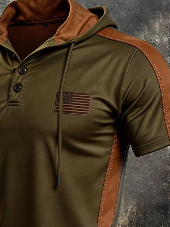 Men's Retro Color-Block Short-Sleeve Hooded T-Shirt