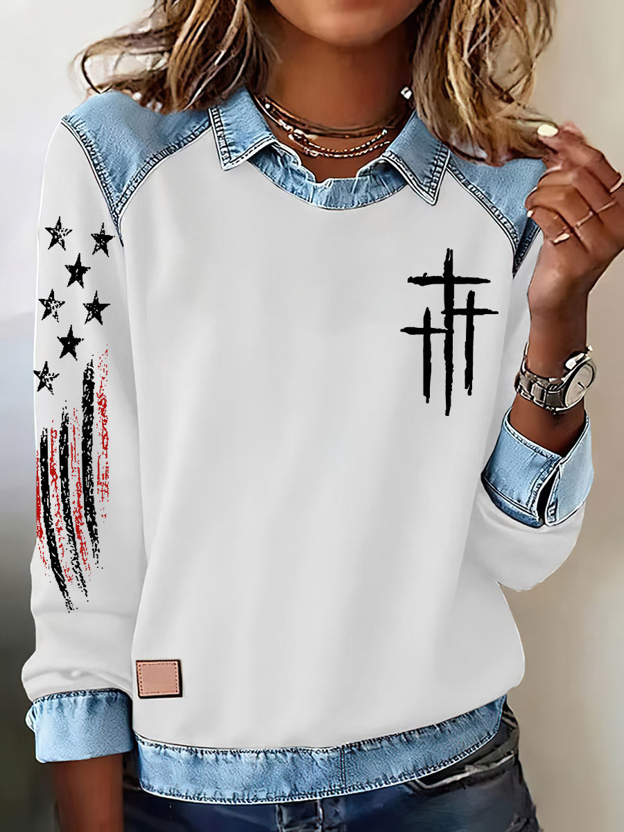 Women's Faith US Flag Print Lapel Long Sleeve Top