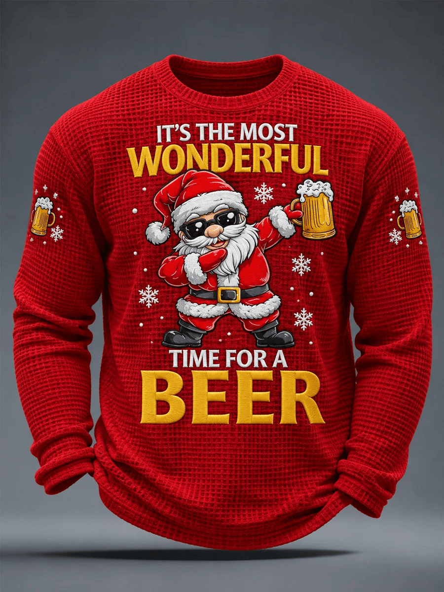 Lustiges Herren-Weihnachts-T-Shirt mit Weihnachtsmann-Motiv und dem Spruch „Es ist die schönste Zeit für ein Bier“ – lässiges Waffelpiqué-Langarmshirt