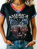 Women'S America Flag Print Casual V-Neck T-Shirt