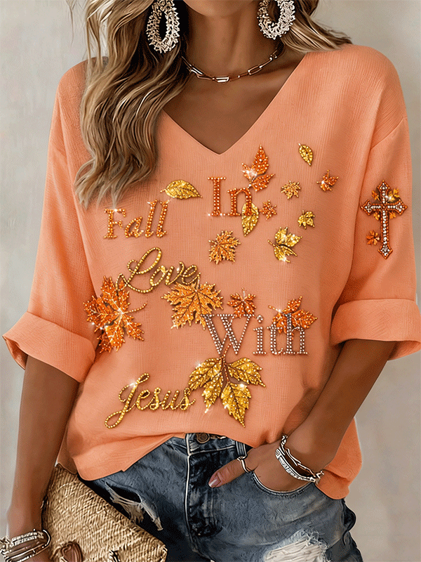 Women's Fall In Love With Jesus Rhinestone Maple Leaf V Neck Top