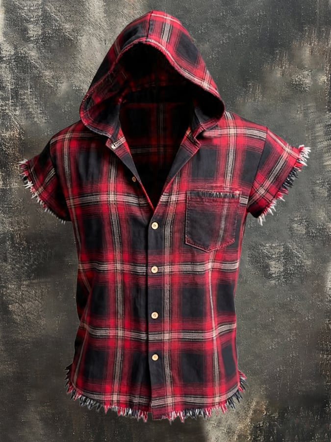 Men'S Retro Pure Cotton Distressed Short-Sleeve Hoodie T-Shirt