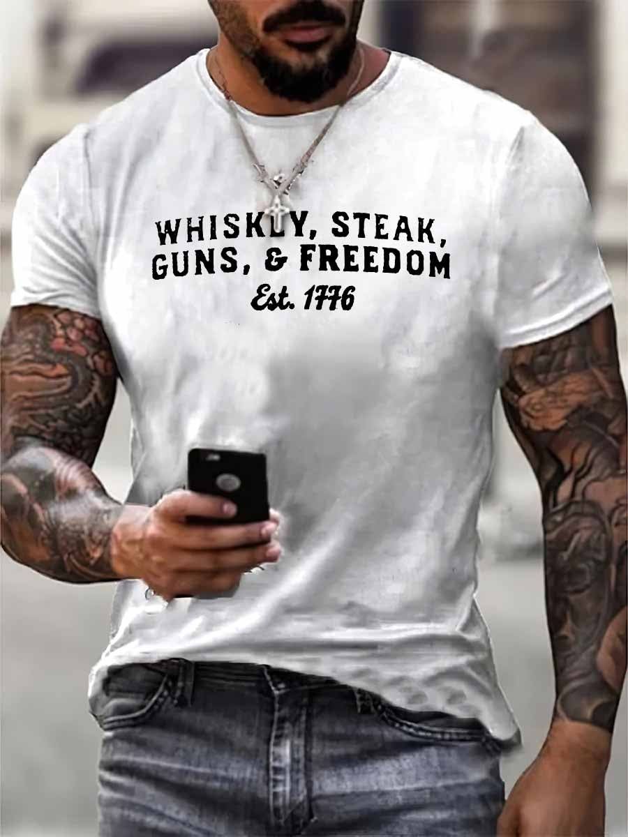 Whiskey Steak Guns And Freedom Print 100% Cotton T-Shirt