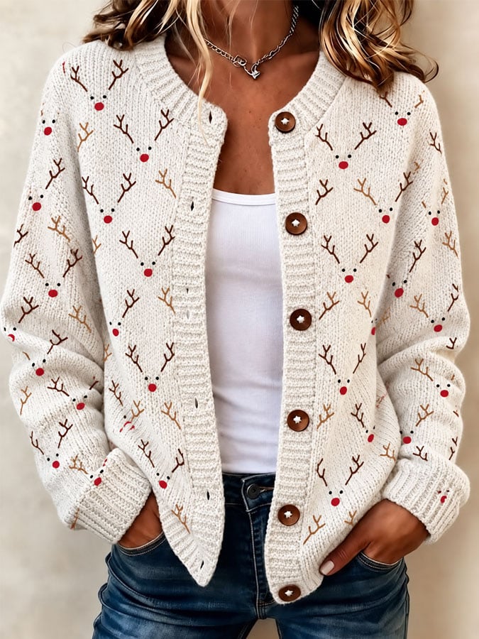Women's Casual Christmas-Print Knit Cardigan