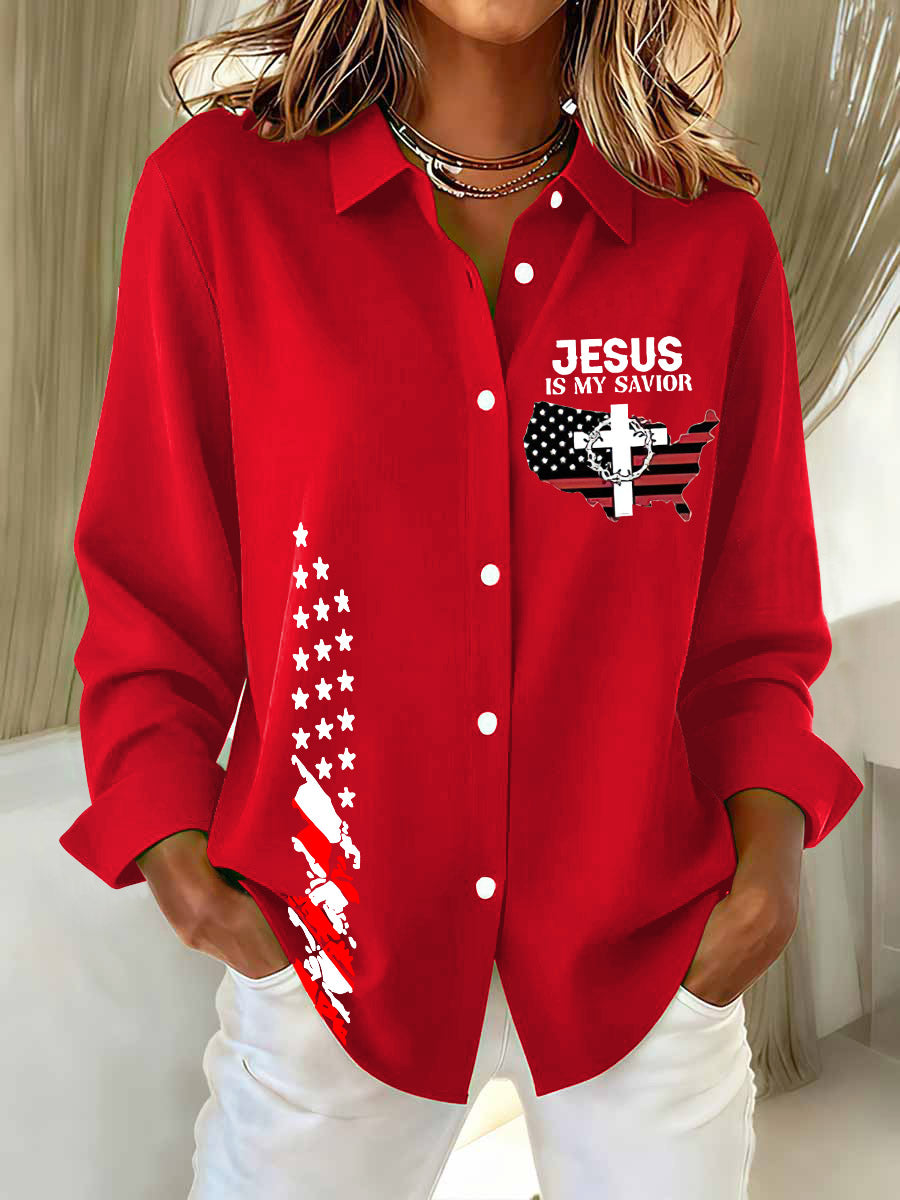 Jesus Is My Savior Printed Casual Long Sleeve Shirt