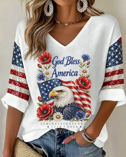 God Bless American V-neck Half Sleeved Loose Top