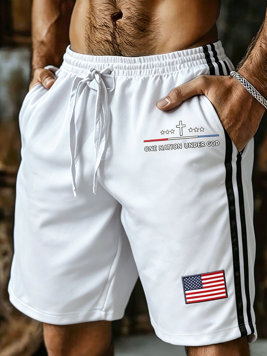 Men's One Nation Under God Cross Star US Flag Patch Striped Drawstring Casual Sports Running Shorts