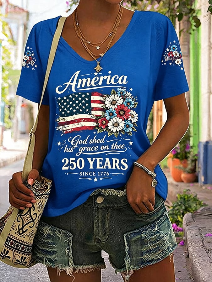 Women's America 250 Years 1776-2026 Print V Neck T-shirt