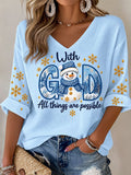 Women's Casual With God All things are possible Printed Waffle Top
