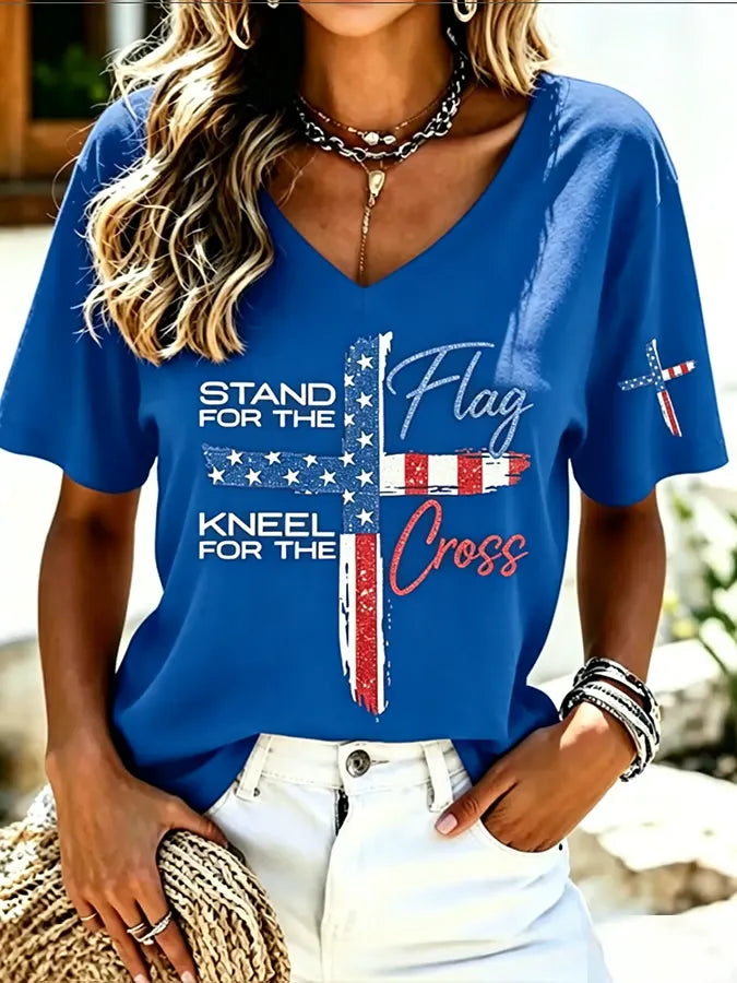 Women's Stand For Flag Kneel For The Cross Printed Short-Sleeve T-Shirt