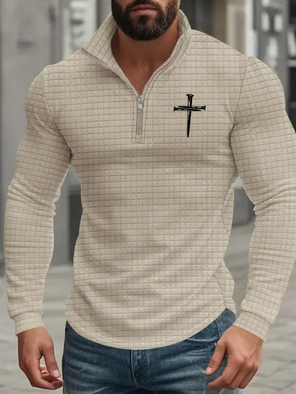 Men's American Retro Autumn And Winter Half-Zip Small Plaid Cross Pattern Casual Stand-Up Collar Long-Sleeved Sweatshirt