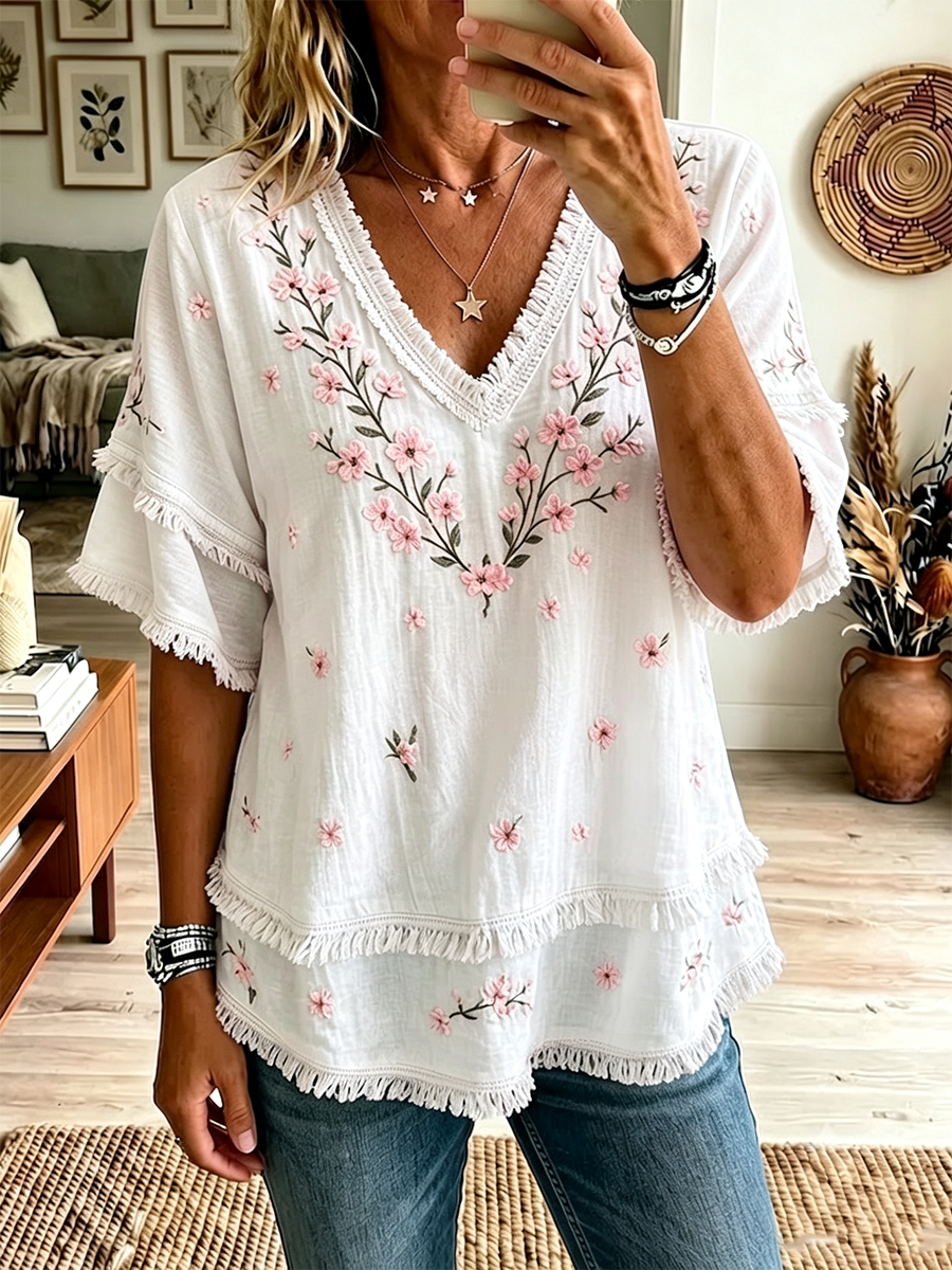Women'S Pink Cotton Linen Flower Print Casual Tassel Shirt