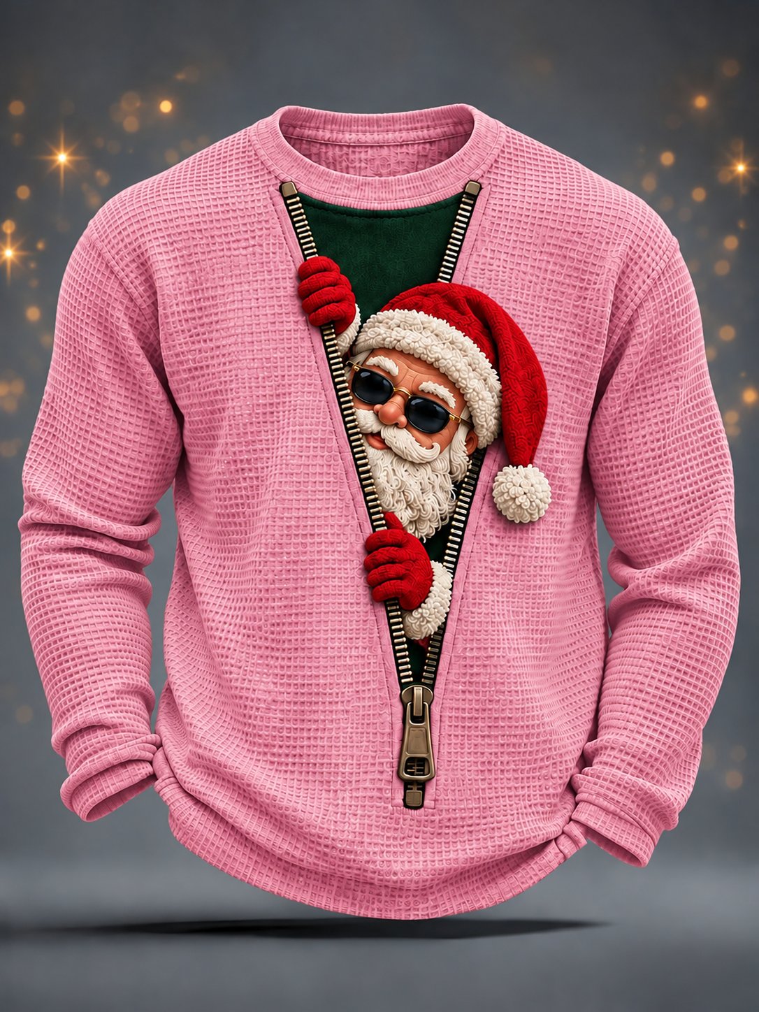 Herren-Weihnachts-Waffel-Langarmshirt mit Weihnachtsmannmotiv