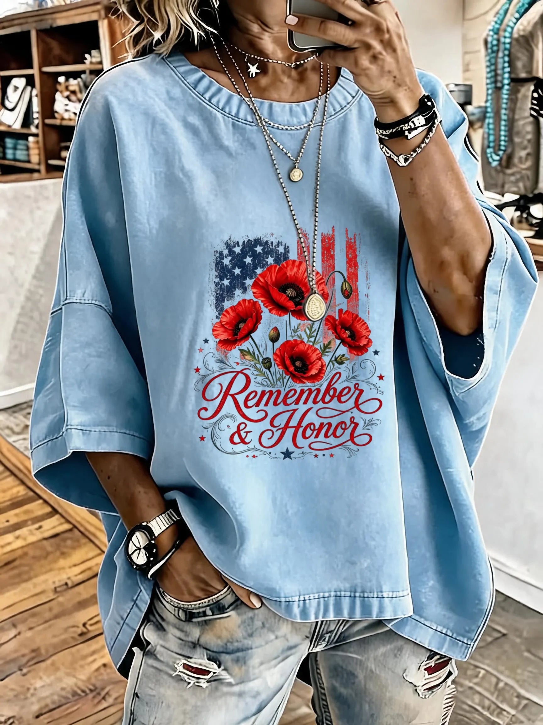 Women'S Vintage Distressed Washed Remember And Honor Oversized T-Shirt