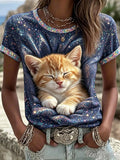 Women's Casual Cute Cat Print Crew Neck Short Sleeve T-Shirt