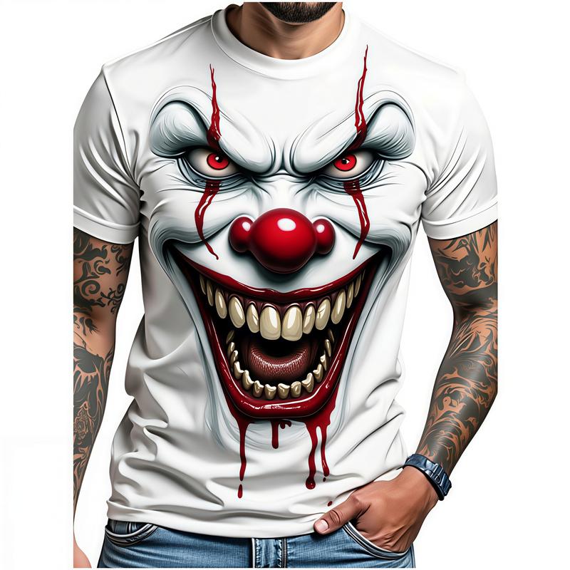 Men's 3D Horror Clown Graphic T-Shirt, Stylish Halloween Grimace Tee, Casual Short Sleeve for Summer & Outdoor Wear