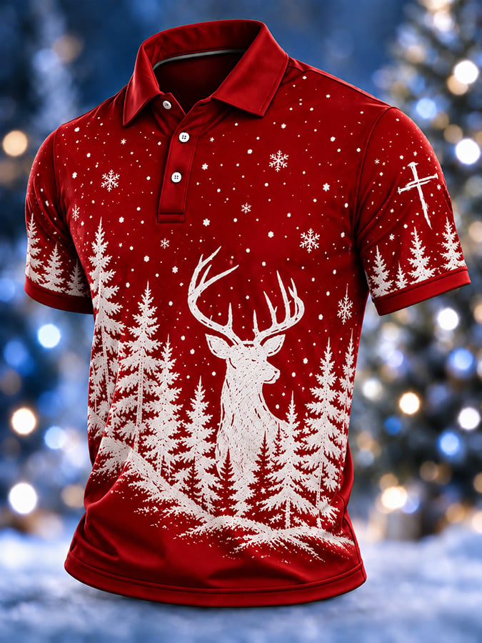 Men's Christmas Print Casual Polo Shirt