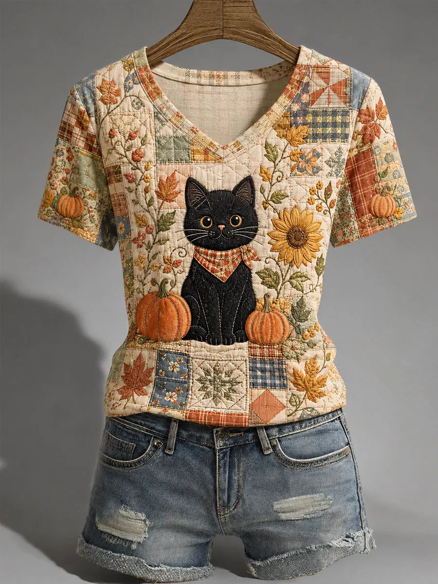 Women's Fall Season Cute Black Cat Print Casual V-Neck Tee