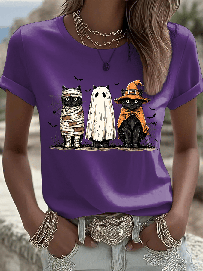 🔥HOT SALE🔥Women's Halloween Cat Print Crew Neck T-Shirt