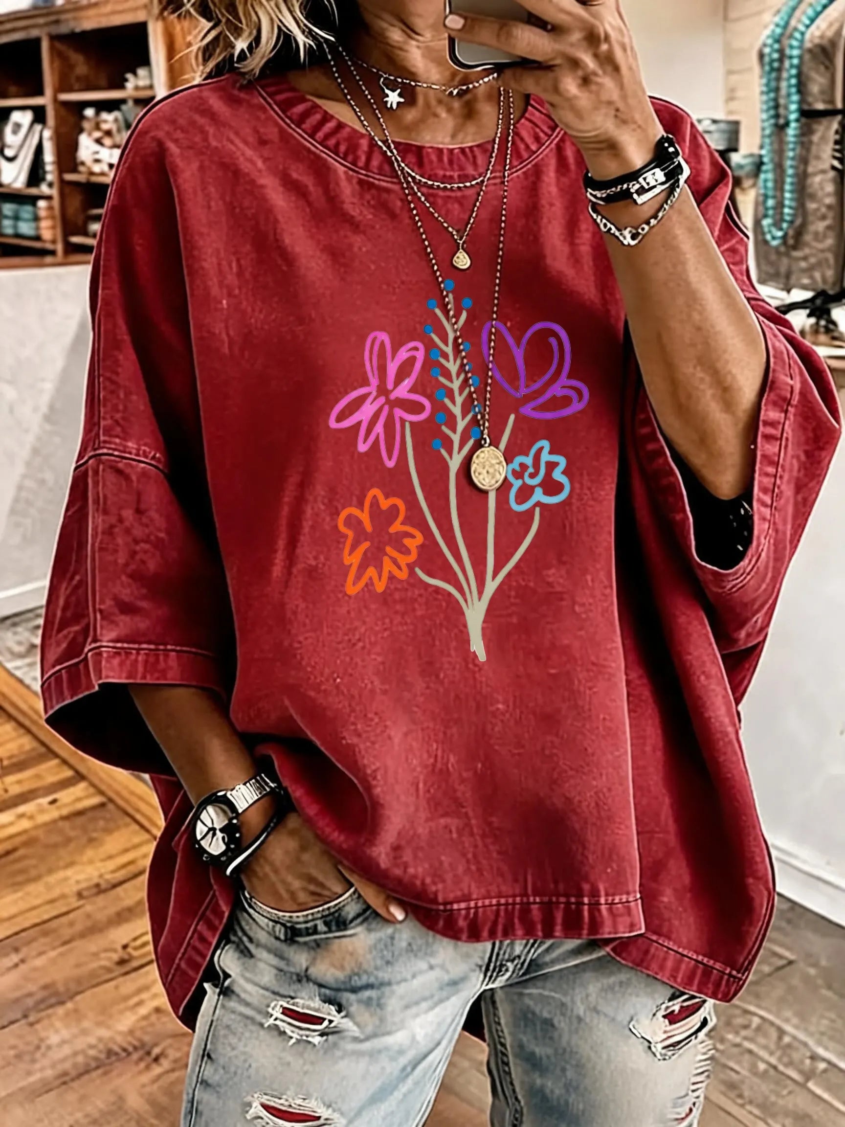 Women'S Vintage Distressed Washed Bouquet Printed Oversized T-Shirt