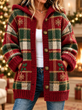 Women'S Vintage Christmas Snowflake Plaid Print Casual Cardigan