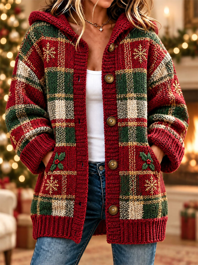 Women'S Vintage Christmas Snowflake Plaid Print Casual Cardigan