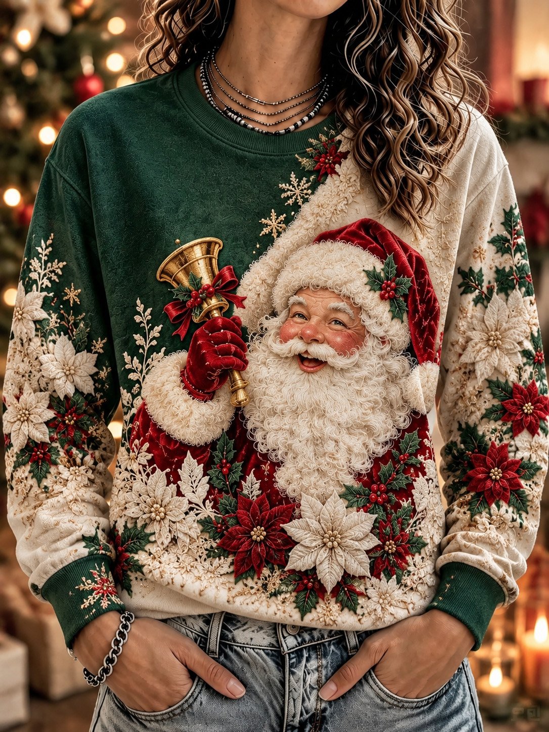 Damen-Langarmtop mit Weihnachtsmuster, Rundhalsausschnitt.