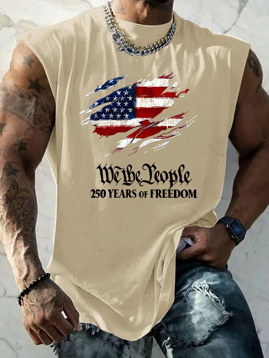 We The People 250 Years Of Freedom Pattern Round Neck 100% Cotton Tank Top