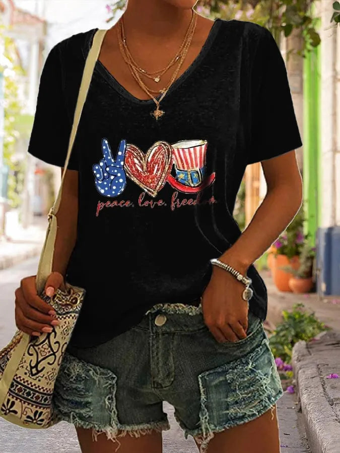 Women's American Independence Day Equality Peace Friendship Print Short Sleeve T-shirt