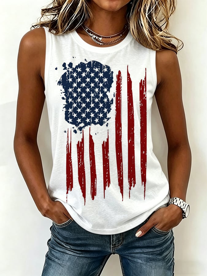 Women's Retro Flag Print Crew Neck Tank Top