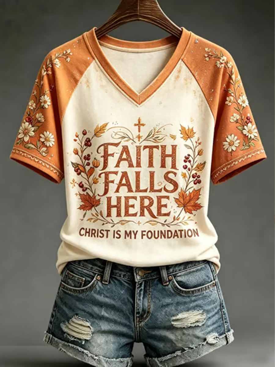 Women's Fall Casual Faith Graphic Print V-neck off-shoulder short-sleeved T-shirt