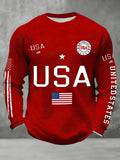 Waffle American Flag Printed Long Sleeve Crew Neck Sweatshirt