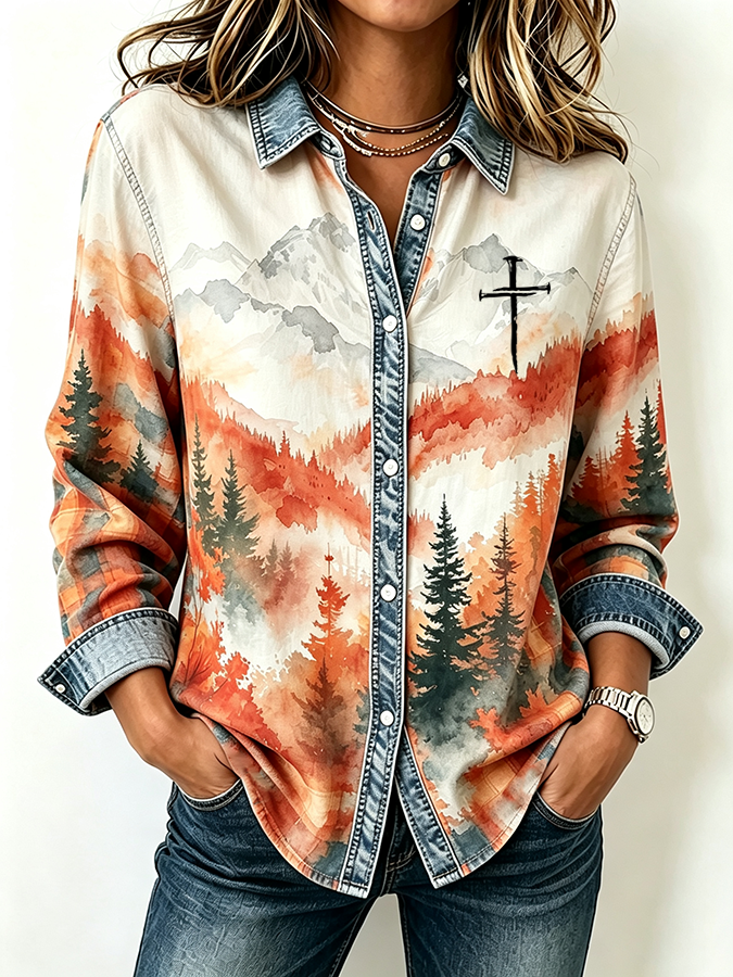 Women'S Autumn Landscape Cross  Printed Lapel Long Sleeved Shirt