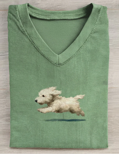 Funny Retro Cute Running White Dog Art Print V-neck Casual T-shirt