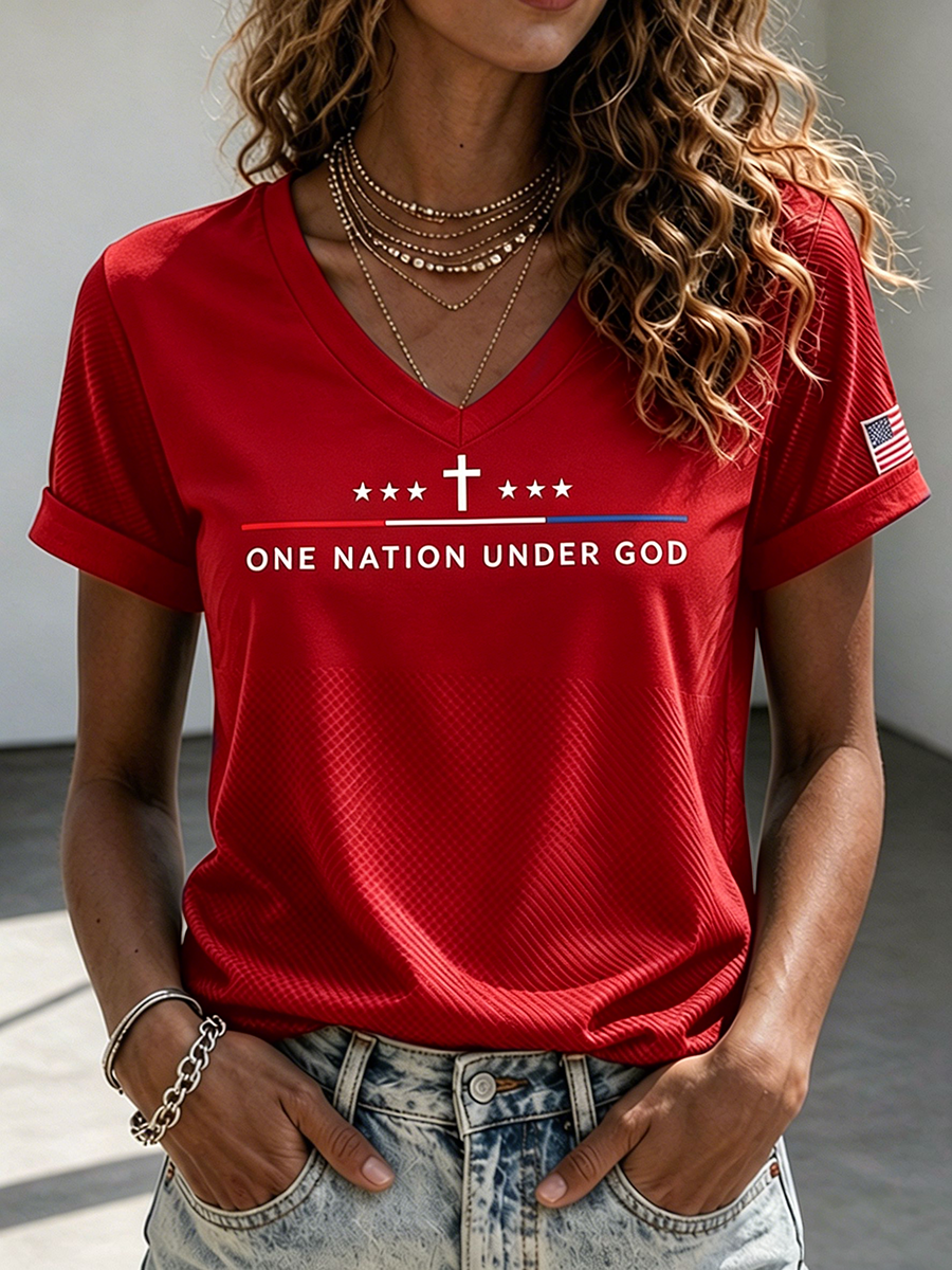 Women's One Nation Under God Cross Star American Flag Patch V-Neck Short Sleeve Casual Tee