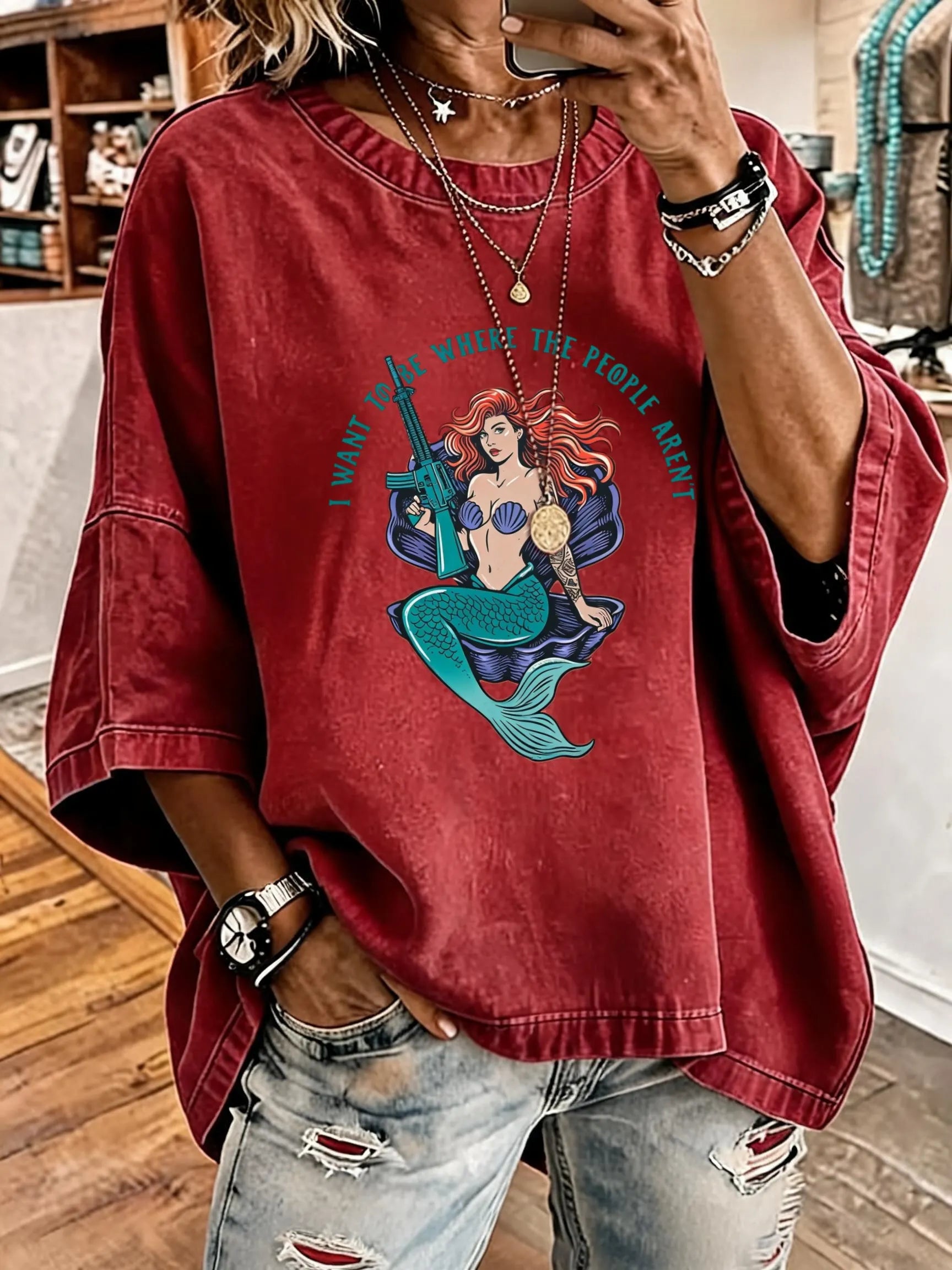 Women'S Vintage Distressed Washed M16 Mermaid Oversized T-Shirt