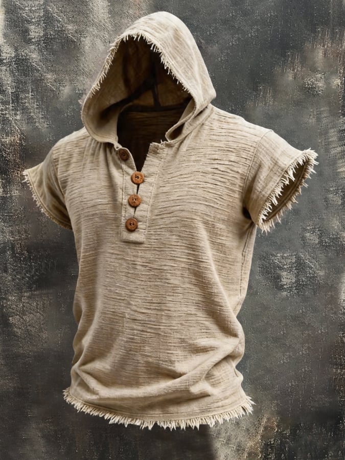 Men'S Retro Cotton-Linen Short-Sleeve Hoodie With Frayed Edges