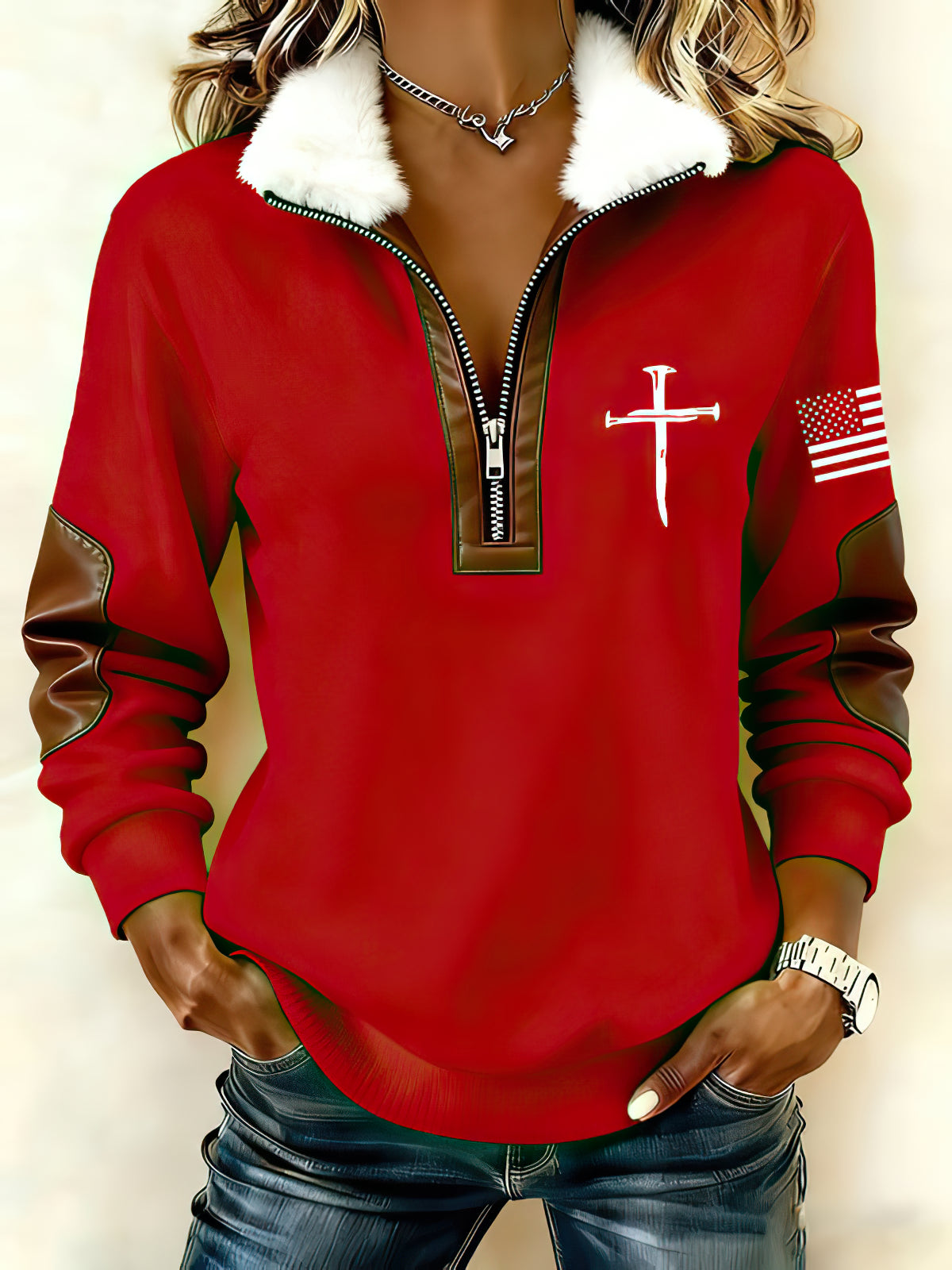 Women's Casual Retro Faith Print Patchwork Fur Collar Long-Sleeve Sweatshirt
