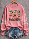 Women's Christmas Pink Flamingo Print Fleece-Lined Crewneck Sweatshirt