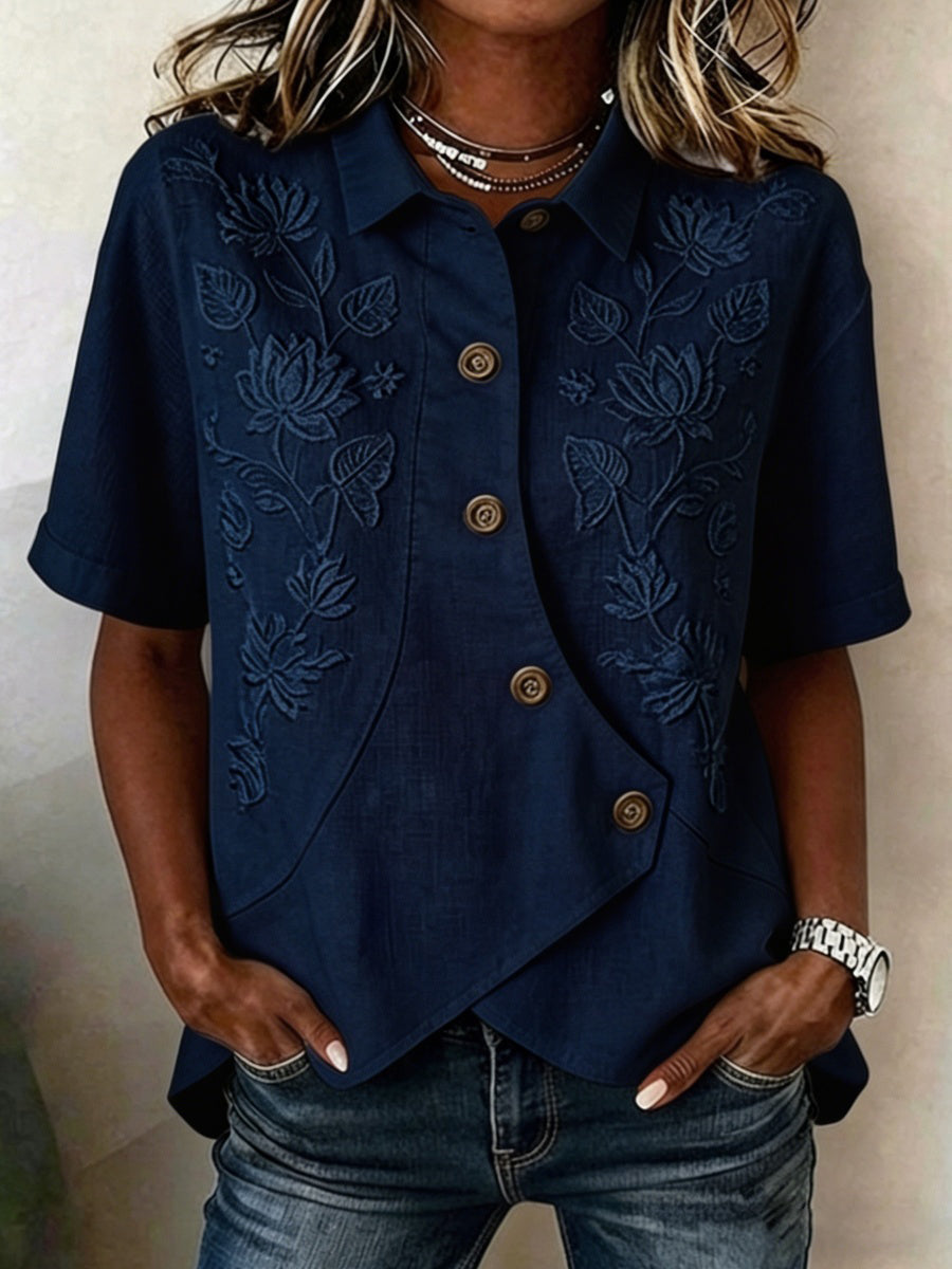 Women's Floral Art Short-Sleeve Linen Shirt