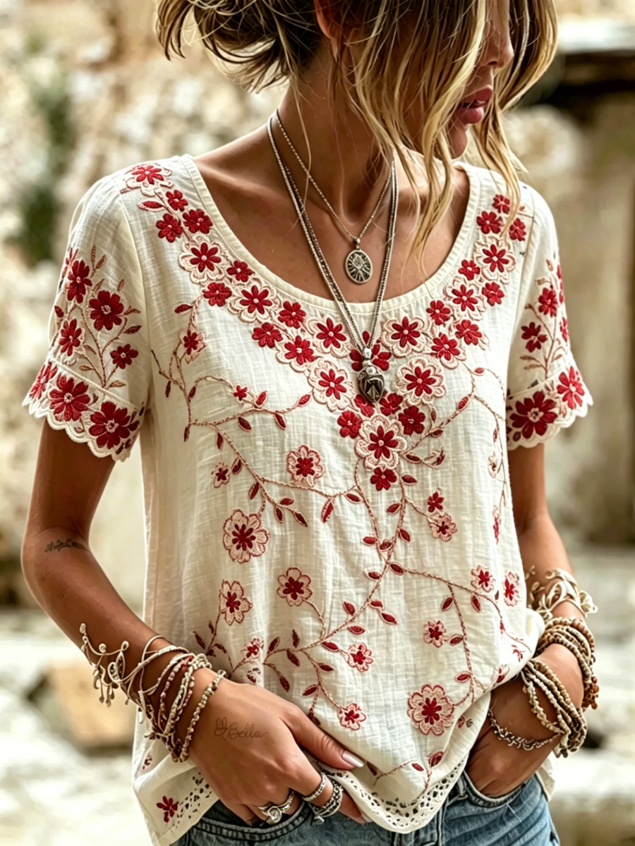 Women's Retro Floral Pattern Casual T-shirt