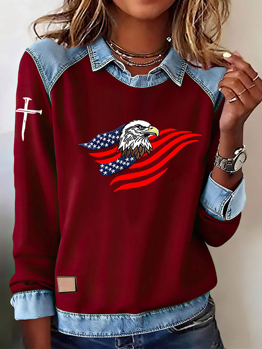 Women'S Flag And Bald Eagle Print Lapel Long Sleeve Top